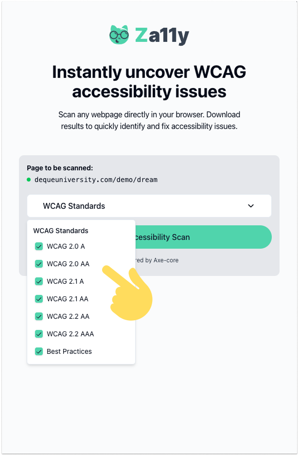 Za11y side panel: target page URL, WCAG standards dropdown, and Accessibility Scan control