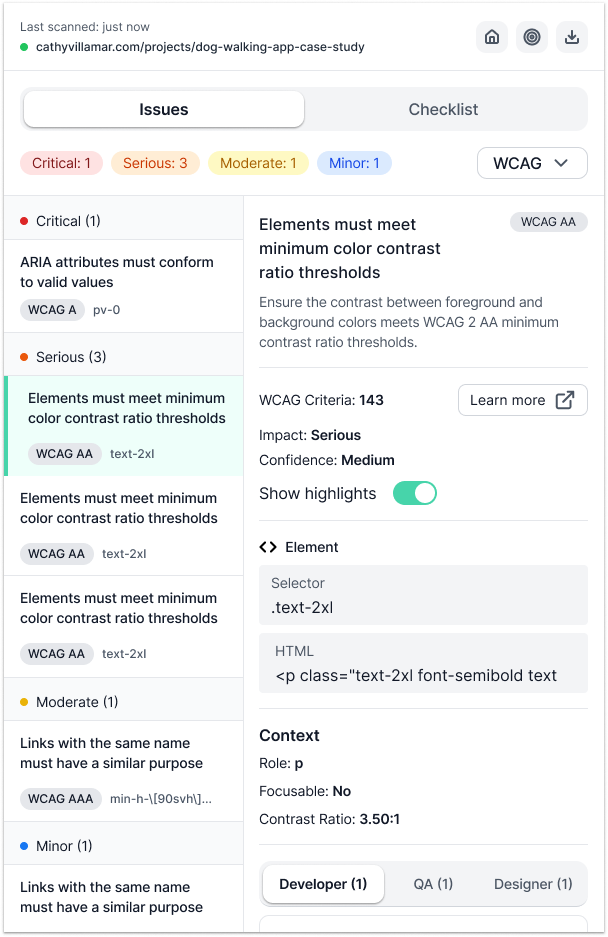 Za11y issue tab: WCAG selector dropdown after a scan